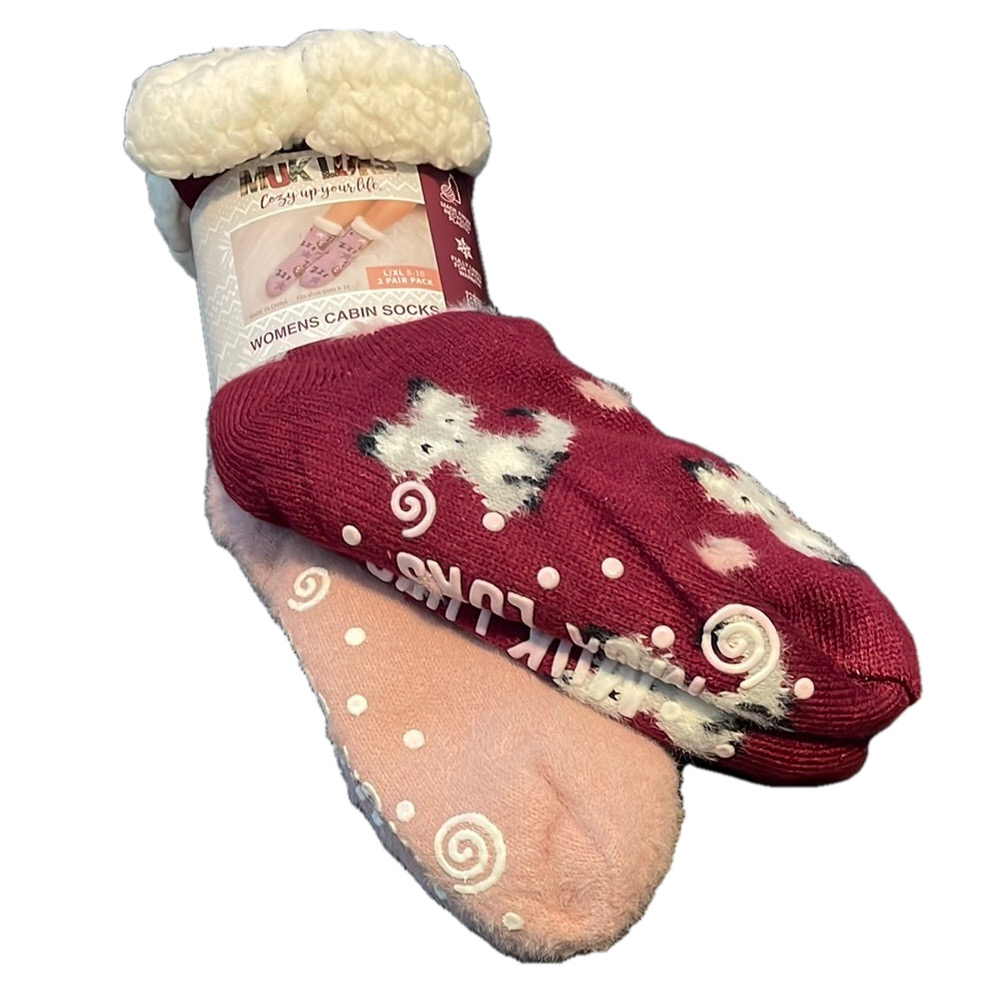 MUK LUKS Cabin Socks, 2-pack, Women’s L/XL Burgundy Pink